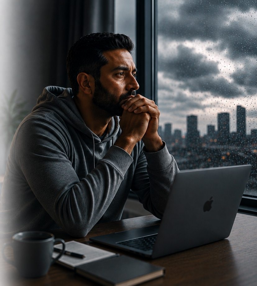 A man at his desk looking out of a rain-streaked window