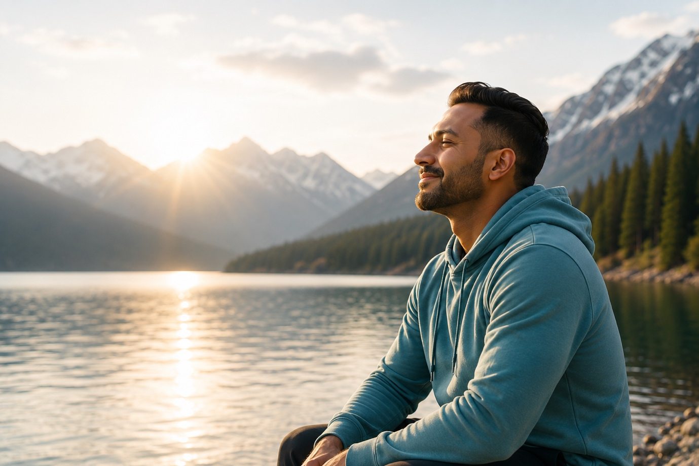 A man sitting by a mountain lake at sunrise, calm and unhurried