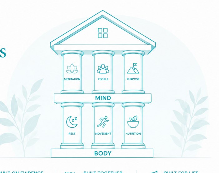 The six pillars in two levels, Body and Mind, drawn as a house.