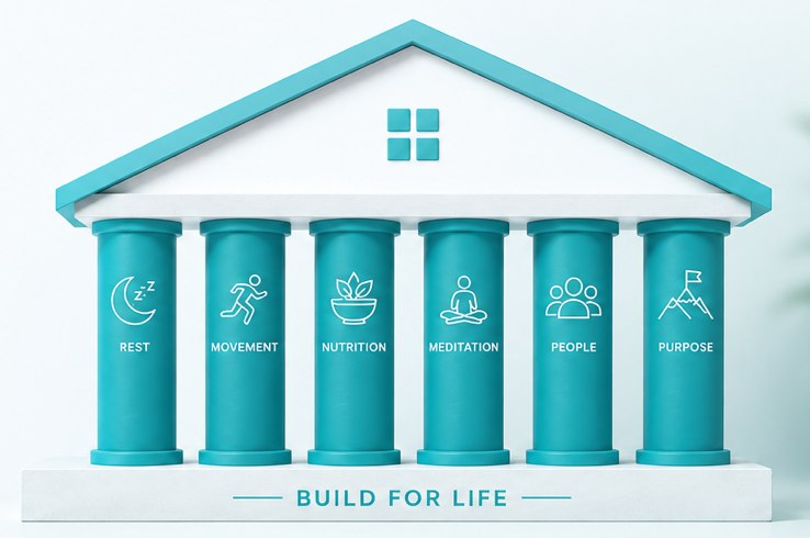 The six pillars: Rest, Movement, Nutrition, Meditation, People and Purpose, standing on a Build For Life foundation.