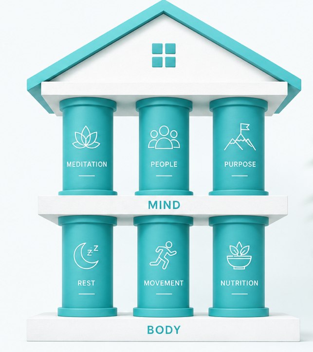 The six pillars in two levels: Rest, Movement and Nutrition form the Body level; Meditation, People and Purpose form the Mind level.